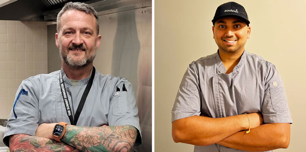 two photos of chefs standing in their kitchens