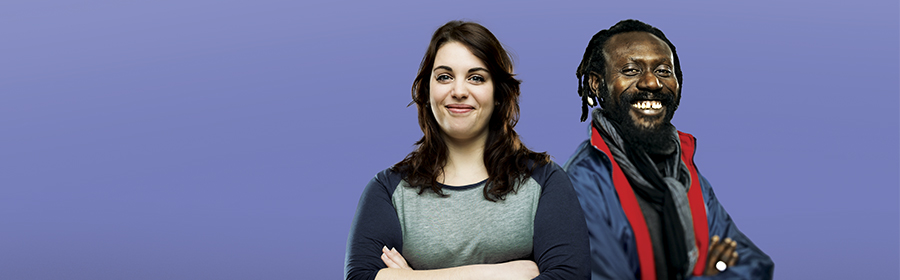 Man and woman in front of a purple background